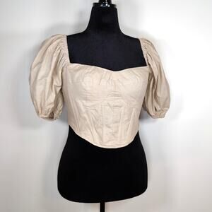SHOWPO Corset Top Puff Sleeve Boned Cotton Ramie Tan 12 L Milkmaid Cottagecore